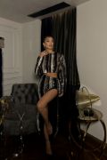 ŞERİT PAYET  CROP BLUZ-YIRTMAÇLI ETEK TAKIM - Kırmızı resmi